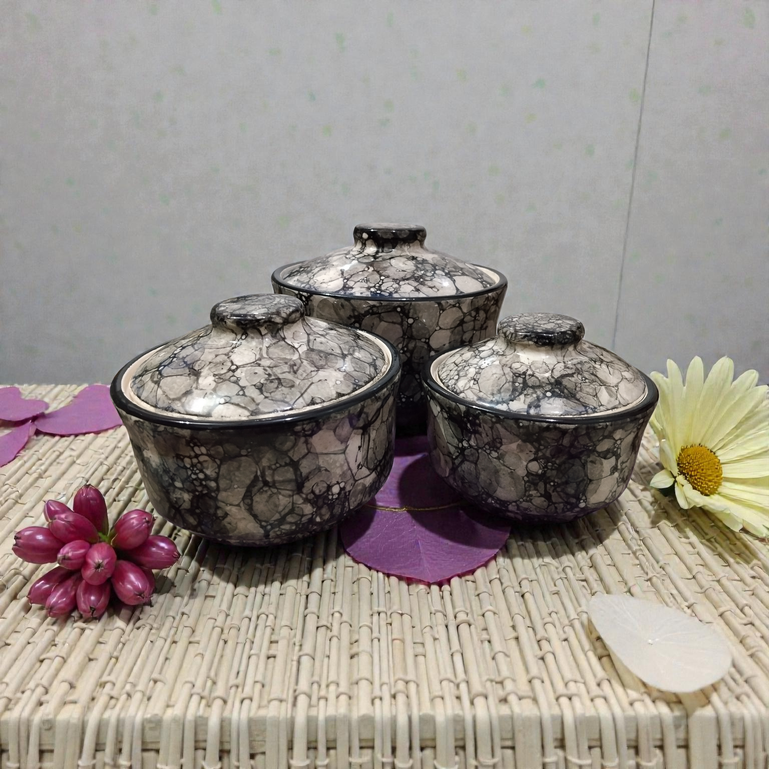 Shreehaar Marbled Stone Ceramic Lidded Jars Set of 3 – Black and White Bubble Glaze Sophisticated Storage Jars for Spices and Food India