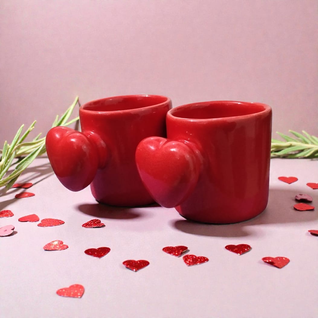 Shreehaar Red Heart Ceramic Cup and Tray Gift Set – Bright Red Ceramic Cup with Matching Heart Shaped Tray for Gifting and Table Decor India