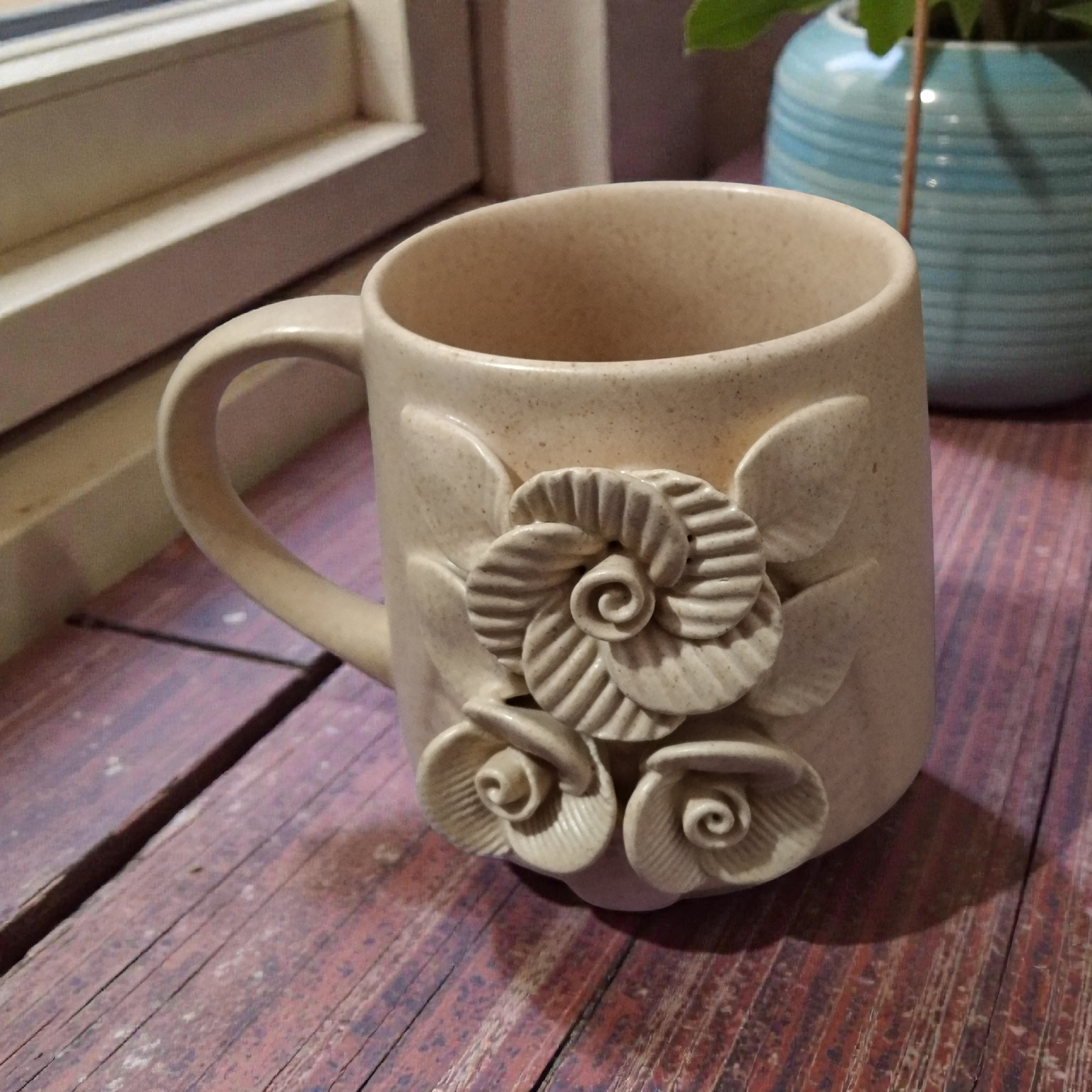Shreehaar Sculpted Rose Ceramic Mug Cream – Artisanal Rustic 3D Floral Accent Cream Ceramic Statement Mug for Coffee and Tea India
