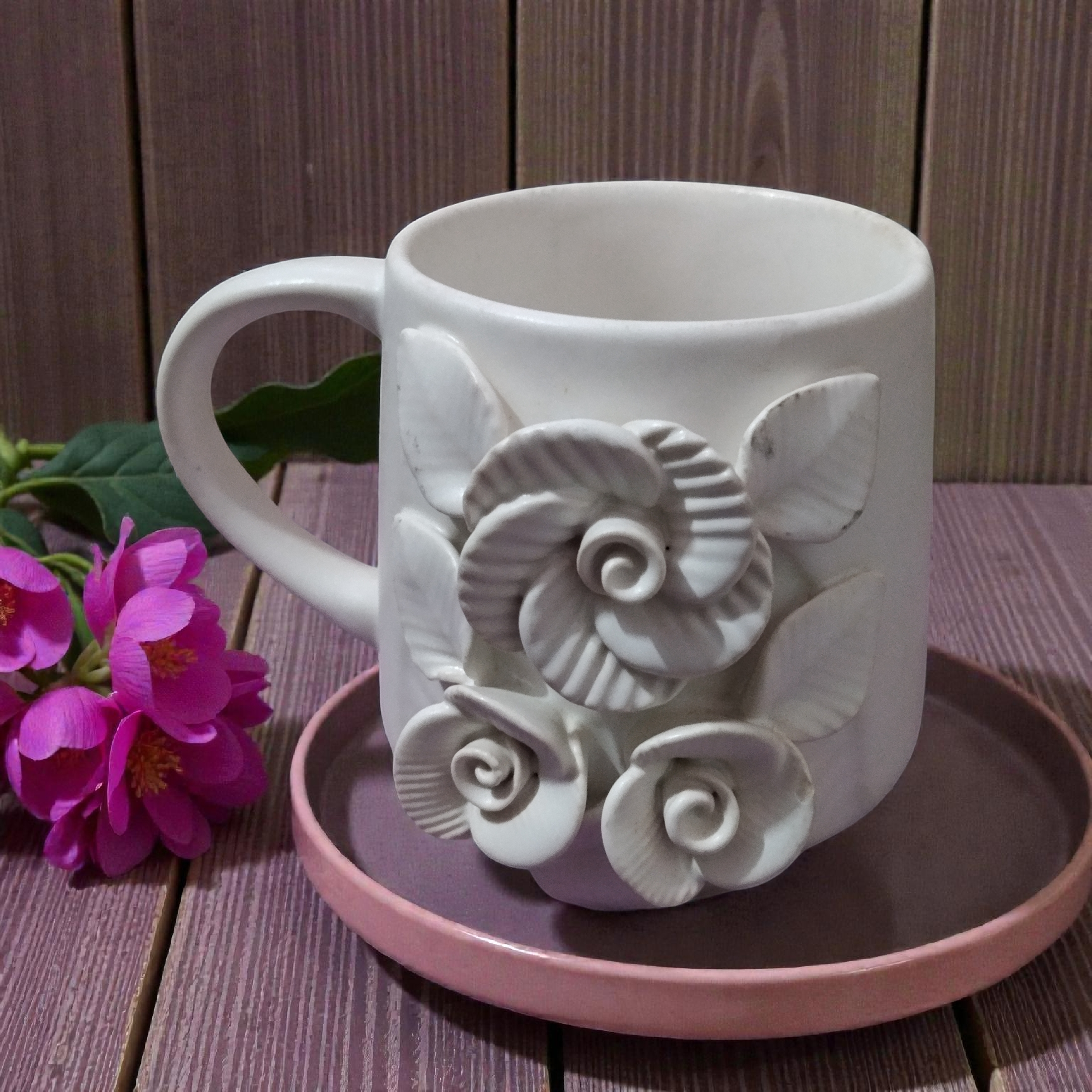 Shreehaar Sculpted Rose Ceramic Mug White – Artisanal 3D Floral Accent White Ceramic Statement Mug for Coffee and Tea India