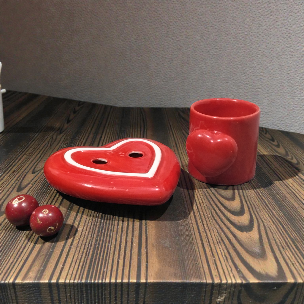 Ceramic Red Cup with Heart Shaped Matching Tray for Gifting and Table Styling India