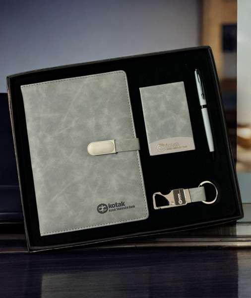 Shreehaar Organized Elegance Corporate Gift Kit – Metal Pen Leatherette Notebook Visiting Card Holder and Keychain Set India