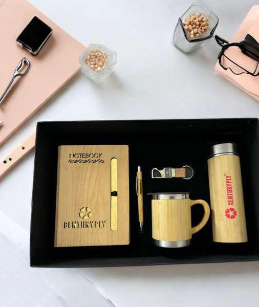 Shreehaar Eco-Luxe Executive Corporate Gift Kit – Wooden Pen Vacuum Bottle Eco Notebook Insulated Mug and Keychain Set India
